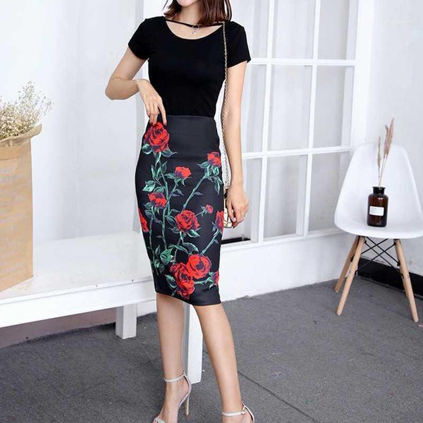 

qrwr office lady style floral summer women skirt 2020 elegant knee length skinny pencil skirt women1, Black