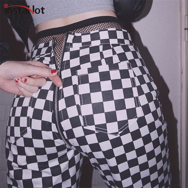 

instaplaid zipper checkered straight pants women fashion casual slim pockets long pants black white pencil pantalon femme c1111