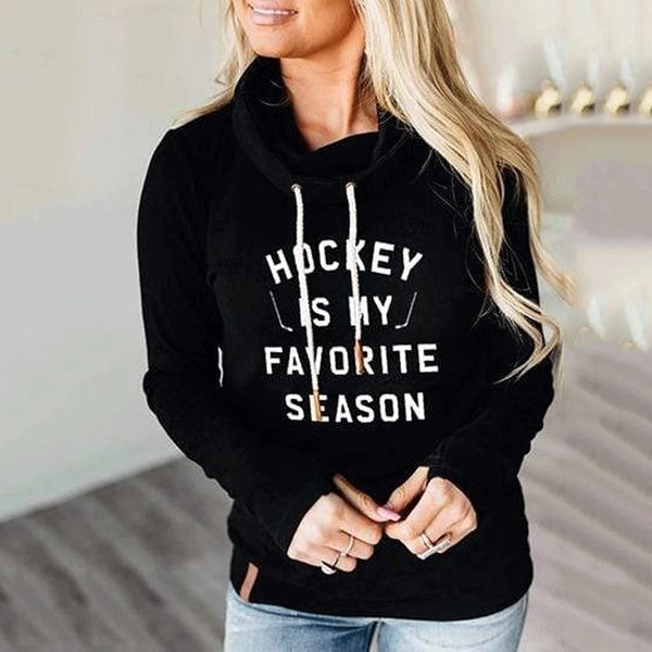 

wuwrk women's letter printing sweater high collar drawstring long sleeve women's letter printing casual hockey hockey casual high, Black