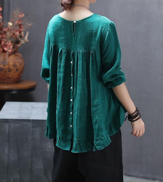

women's t-shirt women spring autumn retro large size loose pullovers female o-neck long-sleeved button mori girl casual, White