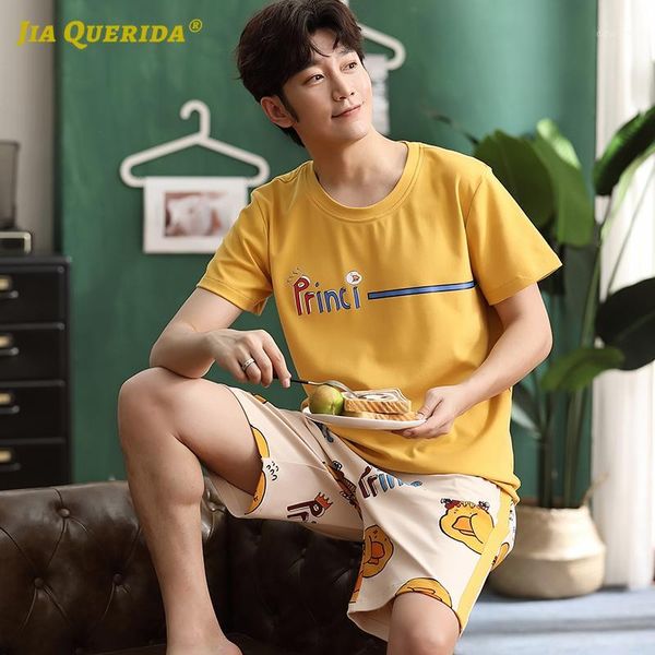 

homesuit homeclothes fashion style smart casual style short sleeve short pants yellow cartoon printing crew neck pajamas set1, Black;brown