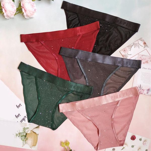 

women's panties womens shiny glitter low waist perspective mesh briefs female comfort sports underpants seamless intimates lingerie, Black;pink