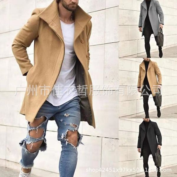 

new fashion windbreaker in autumn and winter of 2019 men's stand collar casual tweed medium length coat, Tan;black
