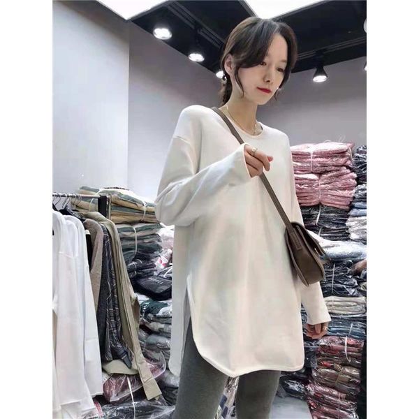

new 2021 spring solid letter the-neck long sleeve female t-shirt of medium loose bottom white y442 xvg2 ybwf