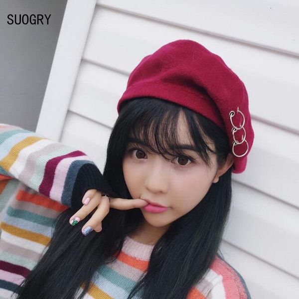 

new women beret hat solid color plain winter hats for women wool feel winter beret hat with ring chapeu feminino casquette, Blue;gray
