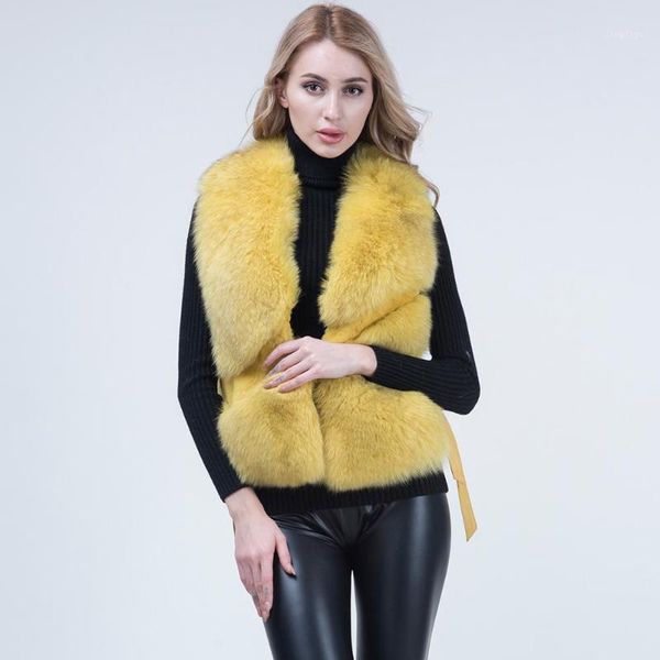 

women fur vest short coat spliced with fur warm fashion real gilet with leather tie1, Black;white
