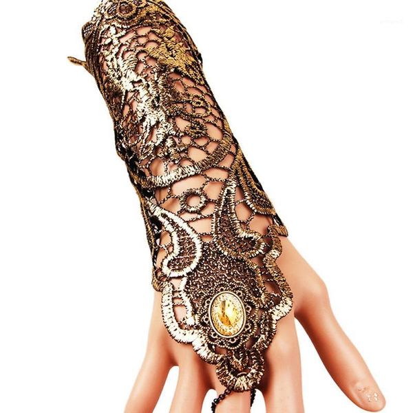 

five fingers gloves women steampunk style lace fingerless long hollow-out chain bracelet skid resistant goth party costumes 20211, Blue;gray