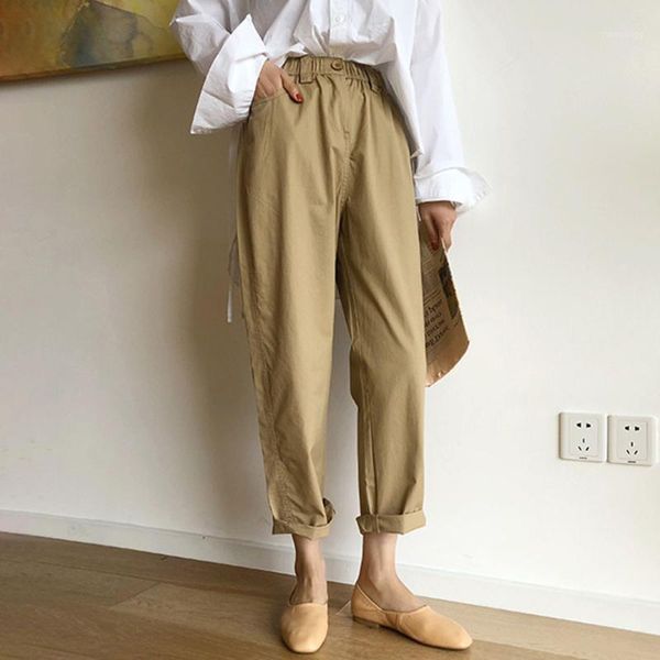 

2020 khaki women casual pants korean fashion japanese clothes loose high waist office ladies summer trousers elastic waist1, Black;white