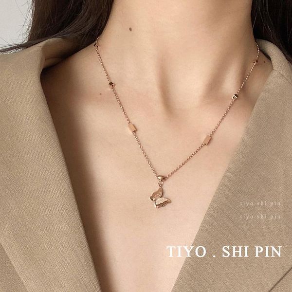 

titanium steel fadeless rose gold necklace female niche design ansen butterfly pendant clavicle chain female neckband choker, Silver