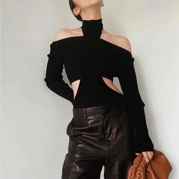 

off shoulder two pieces knitwear black long sleeve hollow out waist slim fit base turtleneck v532, White