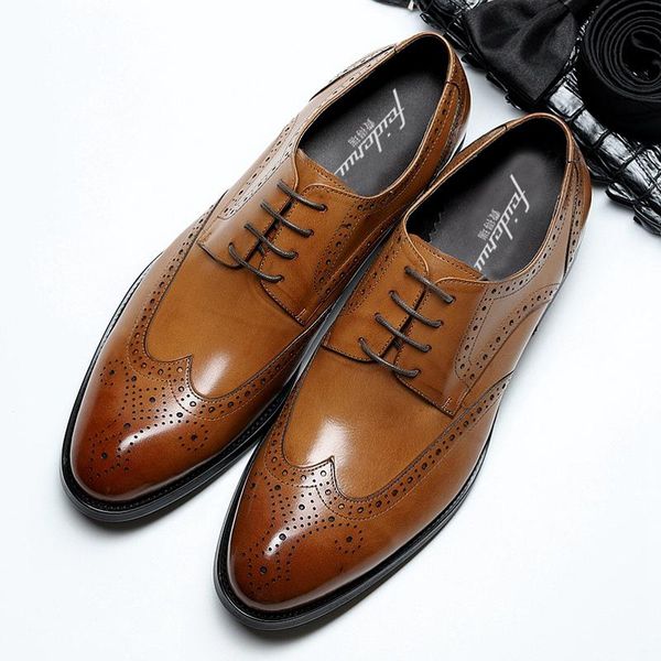 

new vintage man handmade party wedding shoes real genuine leather men's pointed toe laces wingtip brogue flats for male dx176, Black