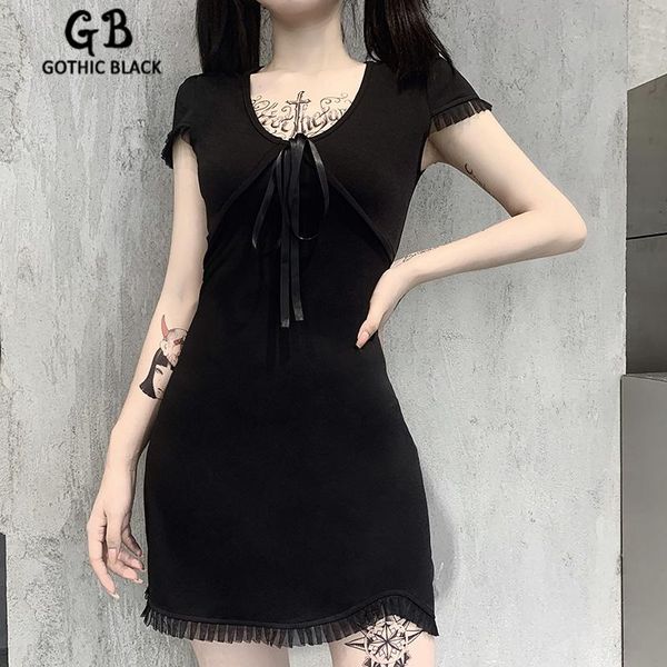 

gothblack винтаж тонкого сращивание сетка лук узелок мини платье женщины готические v-образный вырез темно streetwear платье 2020 женщины se, White;black