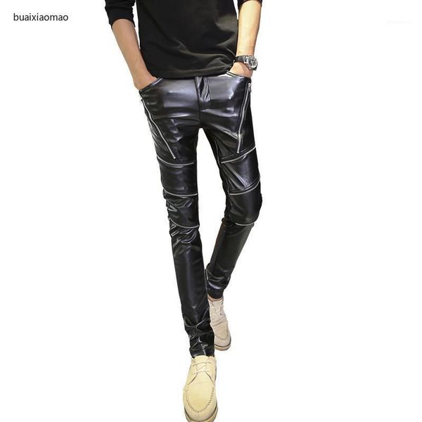 

2021 men's slim fit skinny casual leather pants teenagers zipper decorations trendy tight mid-waist motorcycle trousers1, Black