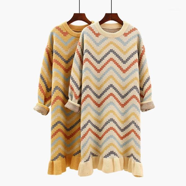

casual dresses [ewq]2021 spring minimalist wavy stripes thickened keep warm full sleeve long pullovers knit korea sweater dress women qz1521, Black;gray