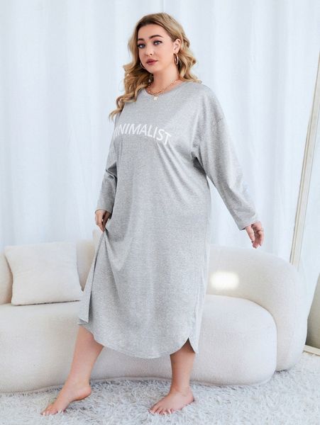 

plus letter graphic drop shoulder night dress 62ds#, Black;white