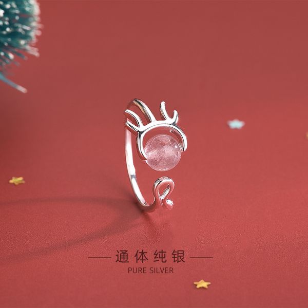 

s925 silver hanfeng strawberry crystal antler lovely elk ring christmas gift