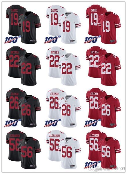 

mens womens youth san francisco 49ers 22 matt breida 56 kwon alexander 19 deebo samuel 26 tevin coleman customs football jerseys, Black;red