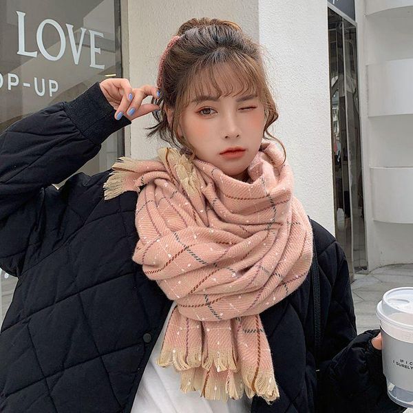 

2021 Trendy England Classic Plaid Cashmere Scarf Thicken Warm Winter Shawl Long Wraps Foulard Femme Casual Bufanda, Blue;gray