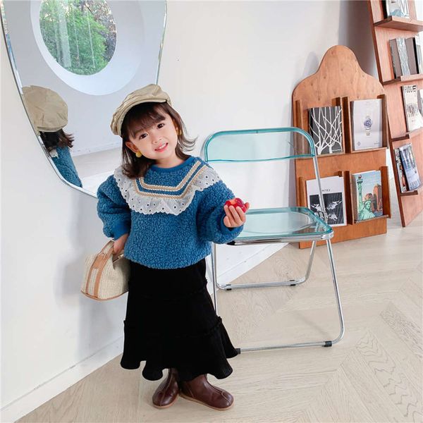 

new and winter girl's lace middle sweater 2020 small children's lovely plush thick pullover ye78, Black