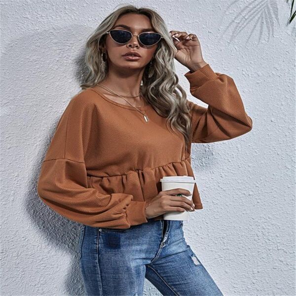 

spring autumn women casual long-sleeve loose fashion solid color ruffles patchwork pullover o-neck t-shirt, White
