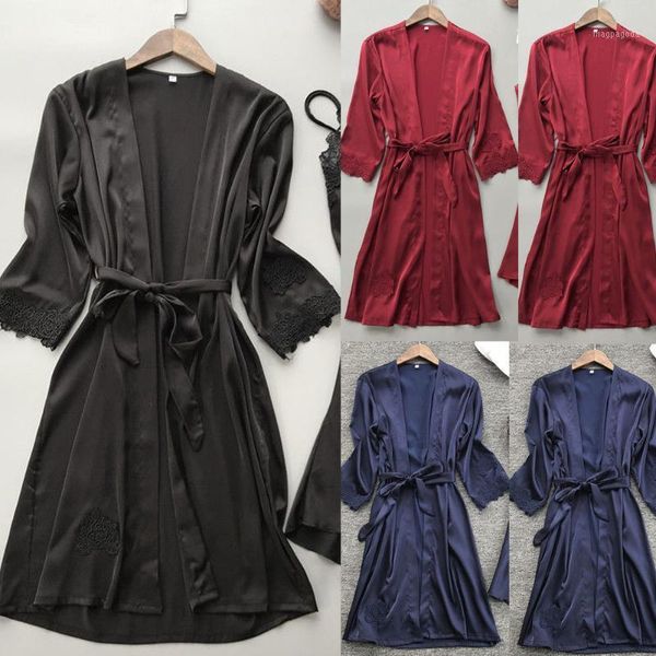

solid color women soft satin silk lace robe dress ladies female gown kimono 2020 nightdress summer long sleeve sleepwear1, Black;red