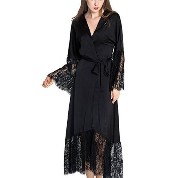 

summer lace patchwork satin kimono robe sleepwear lingerie chemises women silk long nightgown wedding bridesmaid robes y200107, Black;red