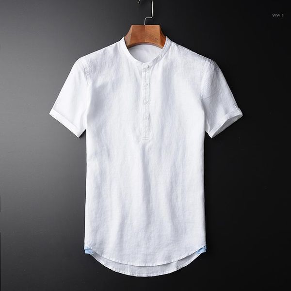 

new summer men's 100% linen short-sleeved shirts luxruy fabric slim stand collar thin white men's shirts plus size 4xl1, White;black
