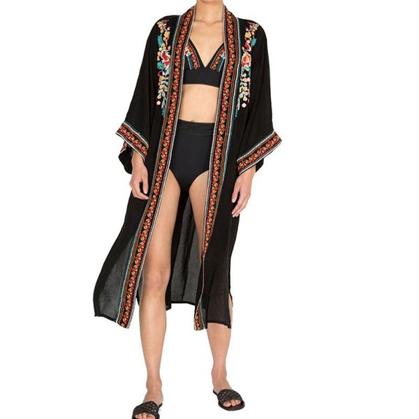 

women's blouses & shirts 2021 black indie folk embroidered plus size summer beach wear kimono cardigan women cotton and blouse sarongs, White