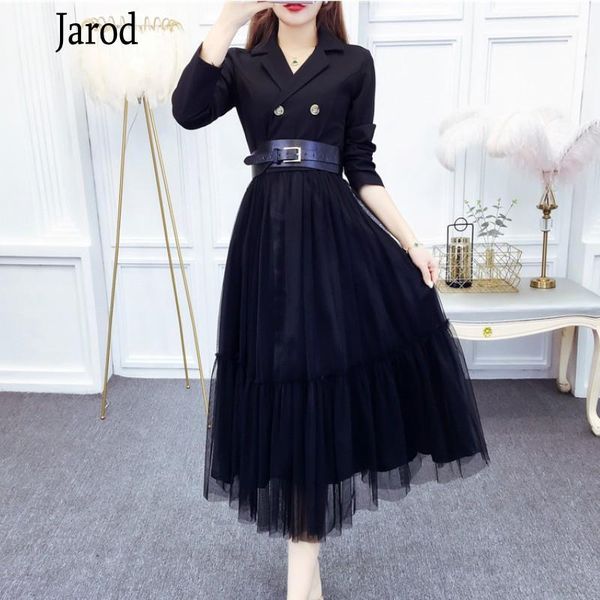 

vintage blazer long dresses 2020 autumn elegant notched collar long sleeve mesh patchwork swing party dress with belt1, Black;gray