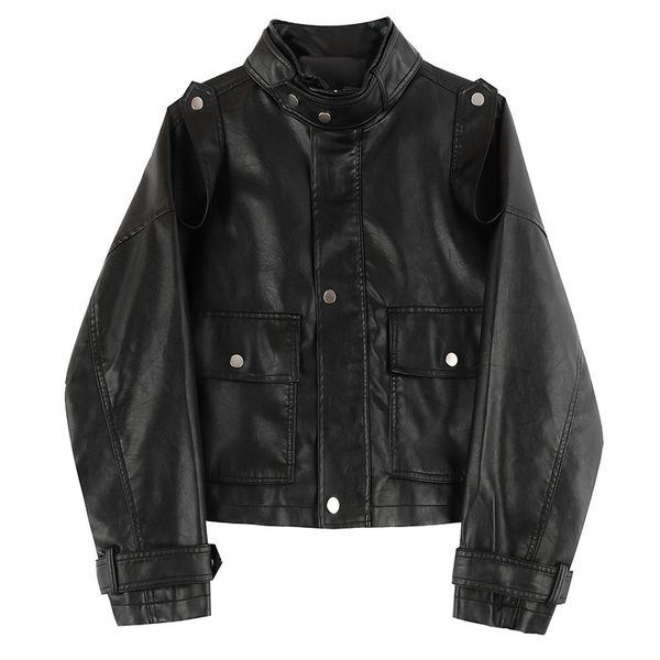 

2021 new women streetwear collar pink faux leather jacket female biker black coat l7wn