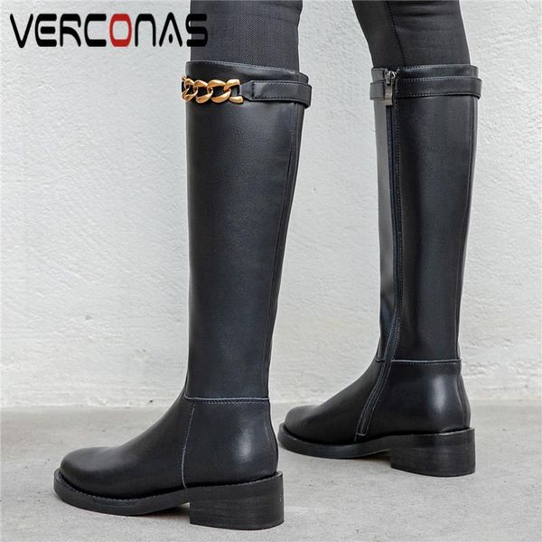 

verconas women knee-high boots genuine leather square heels shoes woman autumn winter metal chain side zipper basic long boots, Black