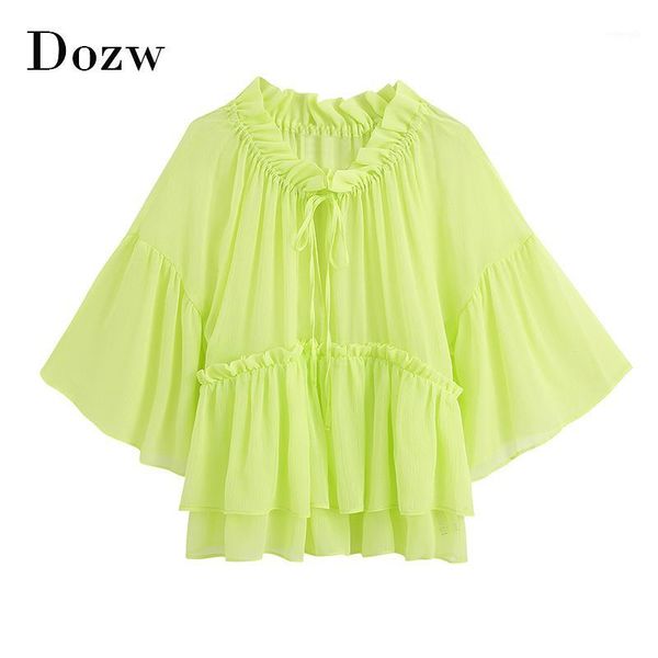 

women ruffled see through blouses fashion bow tie flare sleeve chiffon blouse solid sweet transparent shirt ladies 1, White