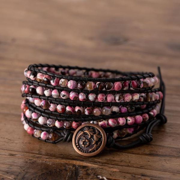 

pink and black beaded 5 wraps bracelet boho layering leather wrap bracelet stackable bead ethnic jewelry dropshipping, Golden;silver