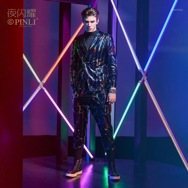 

men's male man casual night shines nightclub printed suit jacket by193106441 and pu pants trousers by193117442 set1, White;black