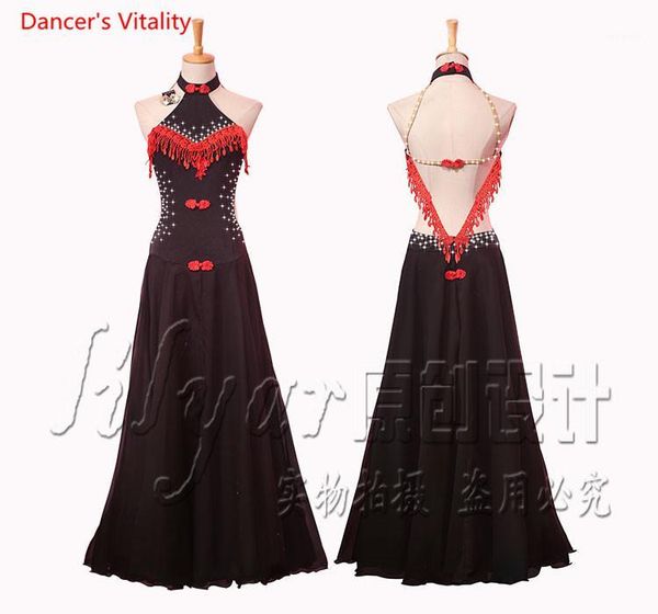 

custom women ballroom dance dress female waltz tango dance stage performance clothe embroider diamond dresses1, Black;red