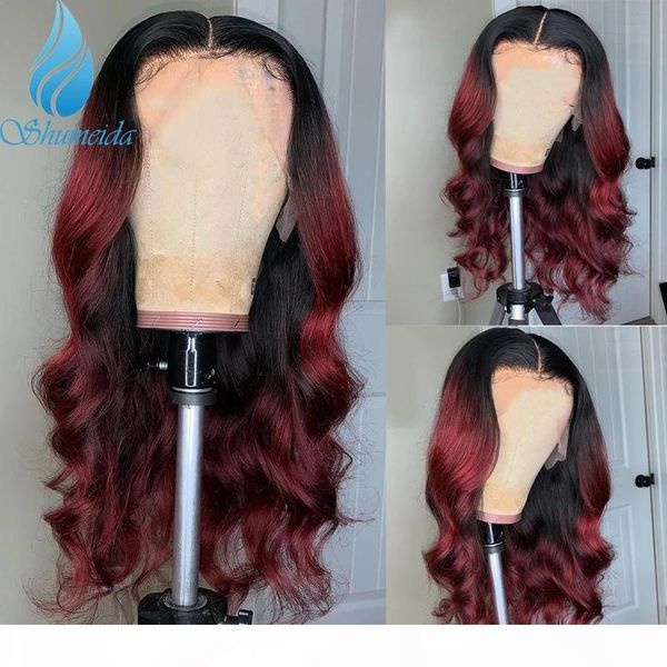 

long middle part ombre red 13*4 brazilian full lace front wigs body wave synthetic hair wigs with baby hair preplucked hairline, Black;brown