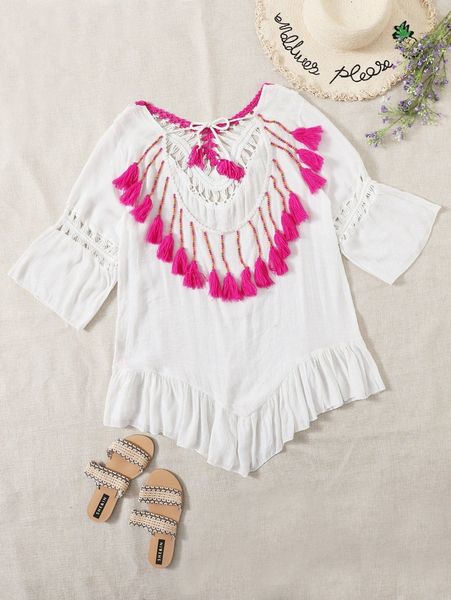 

tassel decor ruffle hem cover up 406b#, White;black