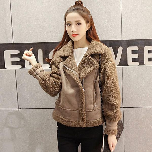 

winter faux fur coat coat women turn-down collar zipper short wool thick warm plush women fluffy jacket1, Black