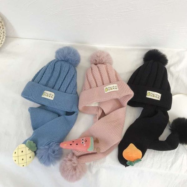 

one children's korean cap wool scarf autumn and versatile winter lovely fruit thickened warm windproof hat, Red;brown