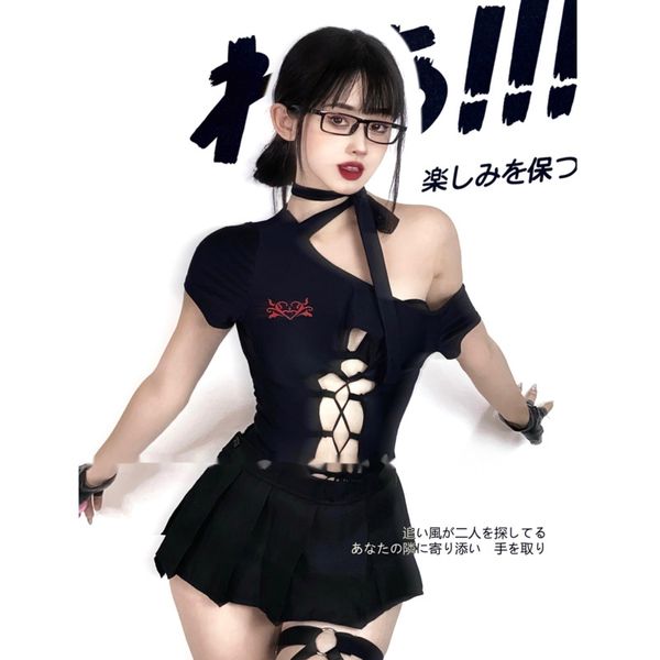 

costumes cosplay costume anime girl chest cross hollow straps tight clothes one-shoulder bodysuit swimsuit uniform leotard swimwear lb5, Black