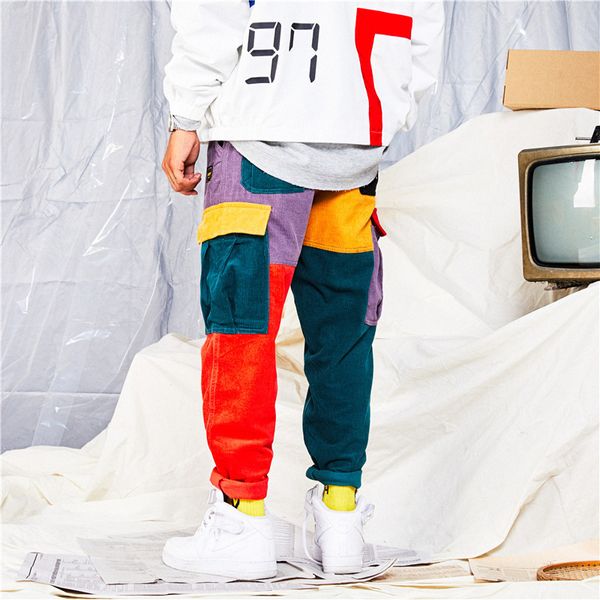 

2021 new hip hop pants vintage color block patchwork corduroy cargo harem pant streetwear harajuku jogger sweatpant cotton trouser vhkj, Black