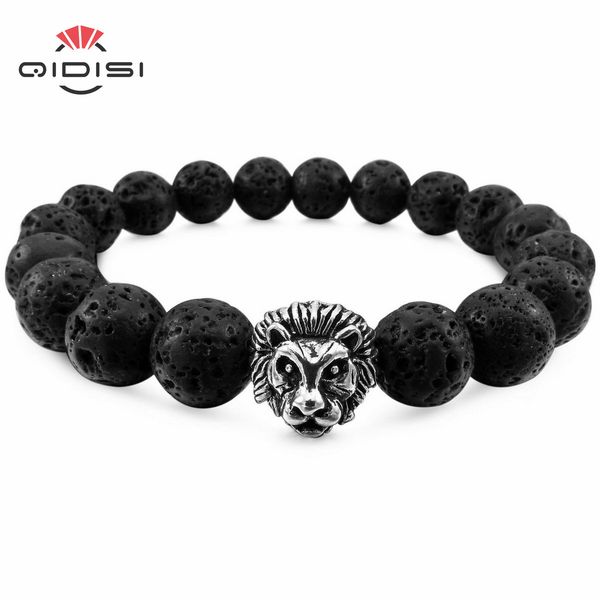

women,men's 10mm alloy energy bracelet link wrist energy stone white tone lion bead elastic, Black