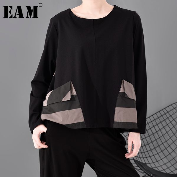 

[eam] women black striped pocket split joint temperament t-shirt new round neck long sleeve fashion spring autumn 1s689 201125, White