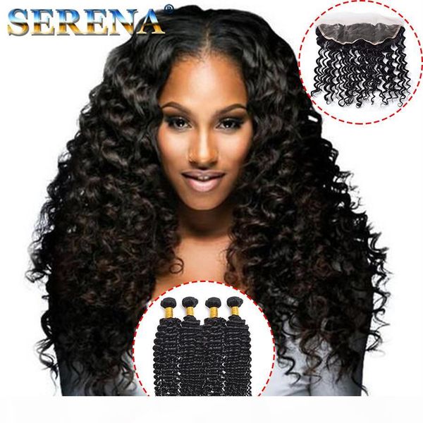 

brazilian virgin hair weaves with lace frontal closure 4 bundles peruvian indian frontal and bundles deep jerry curly human hair closures, Black;brown