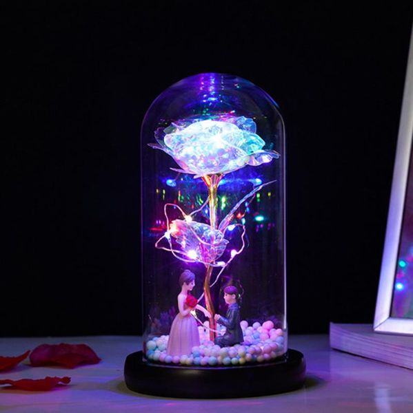 

2021 led enchanted galaxy rose eternal 24k gold foil flower with fairy string lights in dome for christmas valentine's day gift