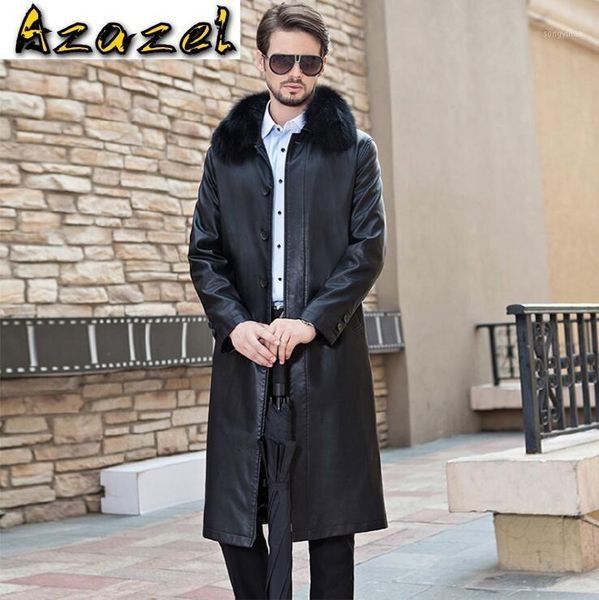 

2020 new winter men's long fur collar leather jacket mens business casual single-breasted windbreaker men fashion trench coat1, Tan;black