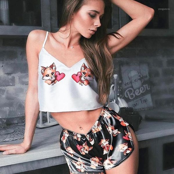 

love printing cute cartoon pattern pajama sets women v neck satin spaghetti strap shorts pijama sleepwear lingerie1, Black;red