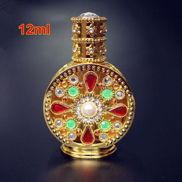 

1pc 12ml antiqued metal perfume bottle arab style essential oils bottle with glass dropper gold color
