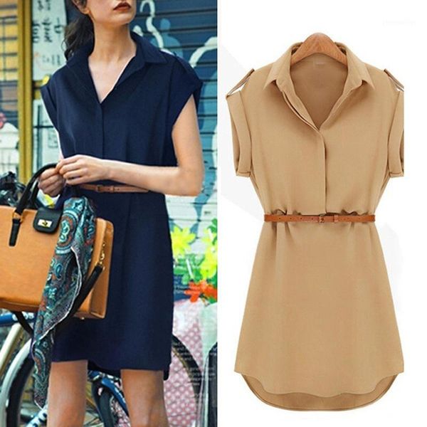 

casual dresses sleeveless chiffon dress with belt summer fashion ladies elegant lapel breathable a-line slim-fit solid color dr, Black;gray