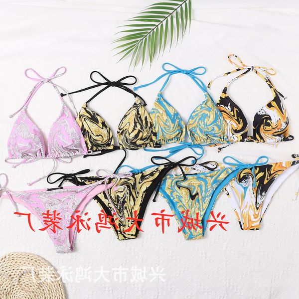 

alphabet triangle wrap squeeze rope bikini multi color printed split swimsuit